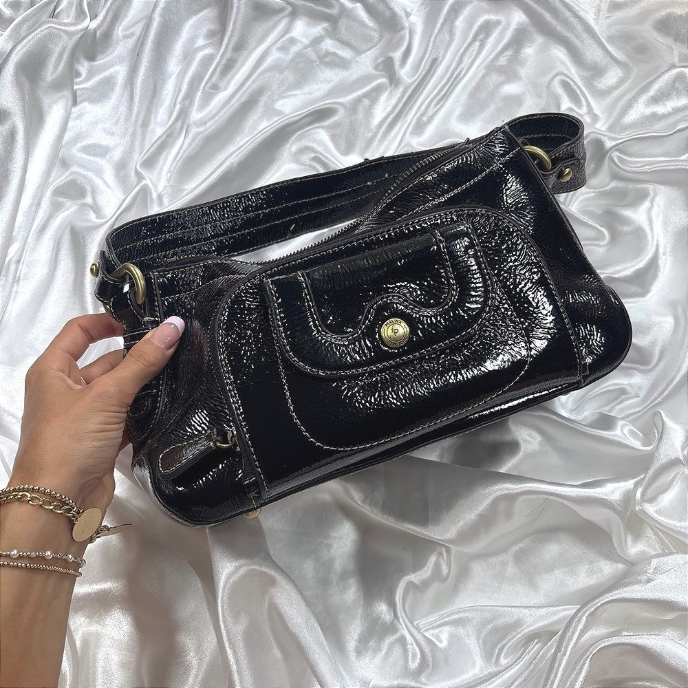 y2k Perlina New York Shoulder Bag Black Good Patent Leather Contrast Stitch